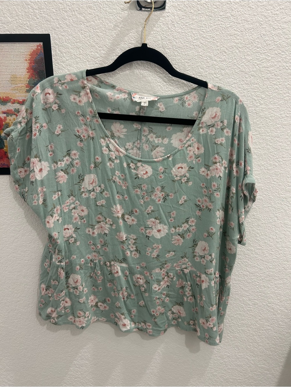 Pink Rose Sage Green Floral Short Sleeve Peplum Blouse XL